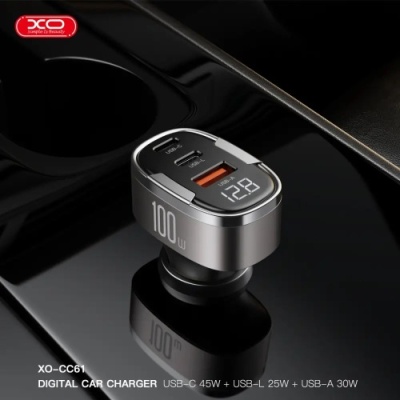 Автомобільний Зарядний Пристрій XO CC61 100W 1USB/30W/QC4.0 + 1Type-C/45W/PD + 1Lightning/25W (Чорний)