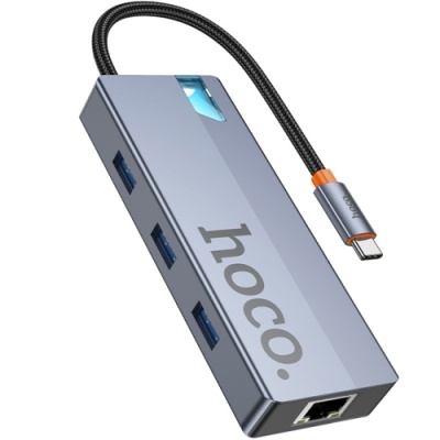 usb hub hoco hb51 type-c 6-in-1 (hdtv+rj45-100mbps+pd+usb3.0*3) (сірий) 