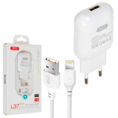 мережевий зарядний пристрій xo l37 1usb/2.1a + (usb - lightning) (бiлий) 