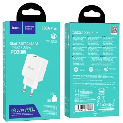 мережевий зарядний пристрій hoco c80a plus 1usb/18w/qc3.0 + 1type-c/20w/pd (білий) 