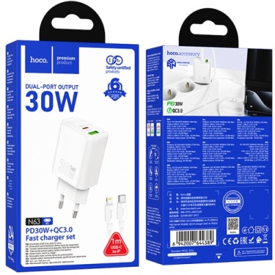 мережевий зарядний пристрій hoco n63 1usb/18w/qc3.0 + 1type-c/30w/pd + (type-c - lightning) (білий) 