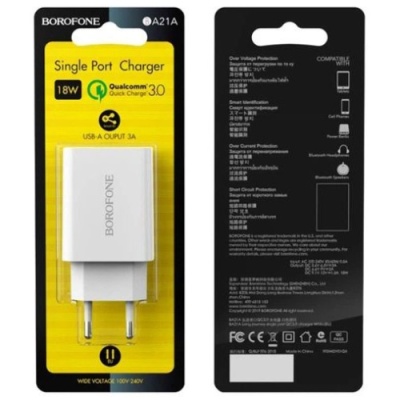мережевий зарядний пристрій borofone ba21a qc3.0 (1usb/3a) (білий) 