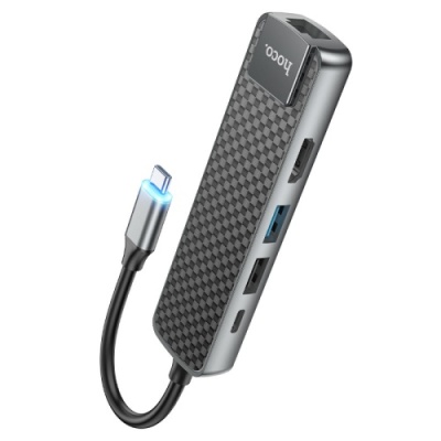 usb hub hoco hb23 type-c to (hdmi+usb3.0+usb2.0+rj45+pd) (сiрий) 