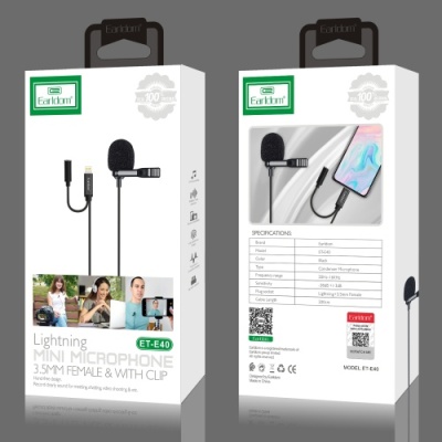 мікрофон петличний дротовий earldom et-e40 lightning + aux connector/2m (чорний) 