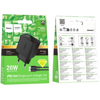 мережевий зарядний пристрій hoco cs82a 1type-c/20w/pd + (type-c - type-c) (чорний) 