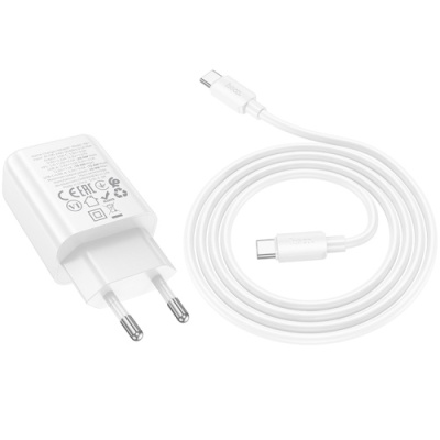 мережевий зарядний пристрій hoco n61 1usb/18w/qc3.0 + 1type-c/20w/pd + (type-c - type-c) (білий) 