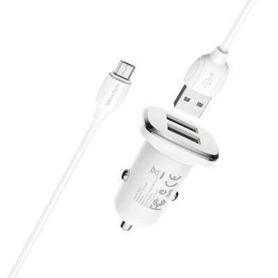 Автомобільний Зарядний Пристрій Borofone BZ12 2USB/2.4A + (USB - MicroUSB) (Білий)