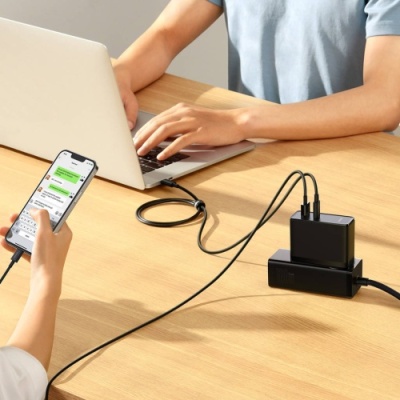 мережевий зарядний пристрій baseus gan5 pro fast charger (ccgp090201) 1usb/30w/qc4.0 + 1type-c/65w/pd3.0 + (type-c - type-c)5a (чорний) 