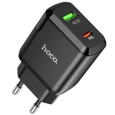 мережевий зарядний пристрій hoco n5 1usb/18w/qc3.0 + 1type-c/20w/pd (чорний) 