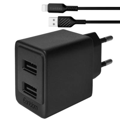 мережевий зарядний пристрій earldom es-eu44l 2usb/2.4a/12w + (usb - lightning) (чорний) 