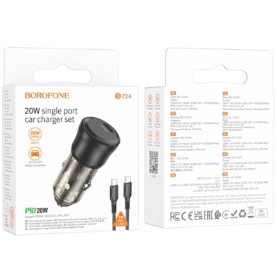 Автомобільний Зарядний Пристрій Borofone BZ24 1USB-C QC/PD20W + (Type-C - Type-C) (Прозоро-чорний)