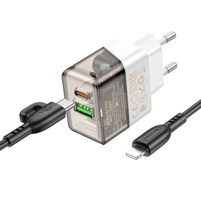 мережевий зарядний пристрій borofone ba80a 1usb/18w/qc3.0 + 1type-c/20w/pd + (type-c - lightning) (прозоро-чорний) 