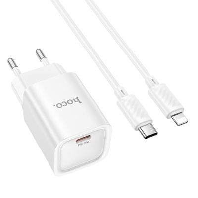 мережевий зарядний пристрій hoco c148a 1type-c/30w/pd + (type-c - lightning) (бiлий) 