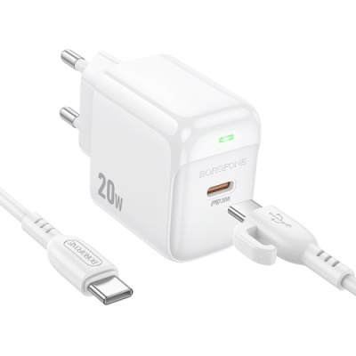 мережевий зарядний пристрій borofone bas43a 1type-c/20w/pd + (type-c - type-c) (білий) 