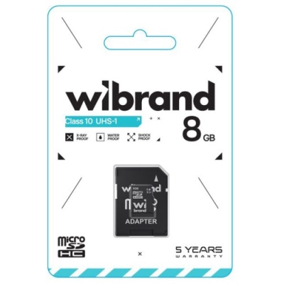 карта пам'яті wibrand microsdhc 8gb uhs-1 10 class + adapter (чорний) 