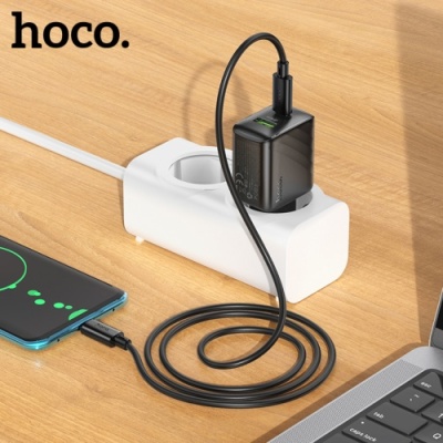 мережевий зарядний пристрій hoco cs25a 1usb/18w/qc3.0 + 1type-c/20w/pd + (type-c - type-c) (чорний) 