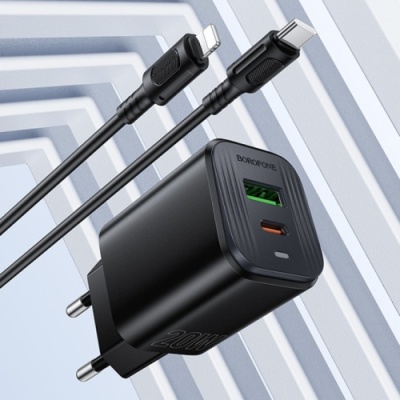 мережевий зарядний пристрій borofone bas83a pd20w + qc3.0 (1usb/1type-c/3a) + type-c - lightning (чорний) 