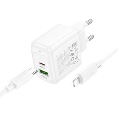 мережевий зарядний пристрій hoco cs55a 1usb/18w/qc3.0 + 1type-c/30w/pd + (type-c - lightning) (білий) 
