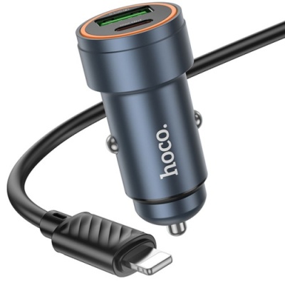 Автомобільний Зарядний Пристрій Hoco Z57A PD30W+QC3.0 (1USB/1Type-C) + (Type-C - Lightning) (Сірий)