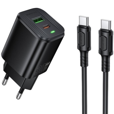мережевий зарядний пристрій borofone bas85a pd30w + qc3.0 (1usb/1type-c/3a) + type-c - type-c (чорний) 