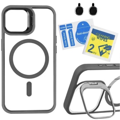 Купить чохол tpu+pc+metal stand case with magsafe and camera lenses для apple iphone 15 (grey) онлайн