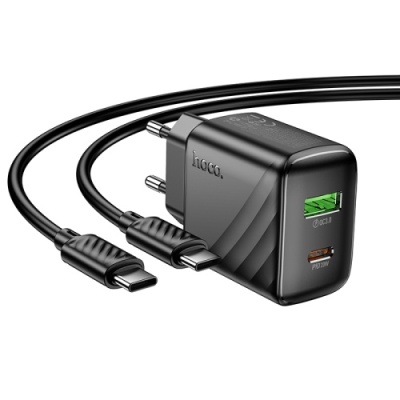 мережевий зарядний пристрій hoco cs25a 1usb/18w/qc3.0 + 1type-c/20w/pd + (type-c - type-c) (чорний) 