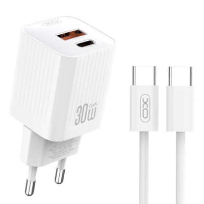 мережевий зарядний пристрій xo l149 1usb/18w/qc3.0 + 1type-c/30w/pd + (type-c - type-c) (бiлий) 