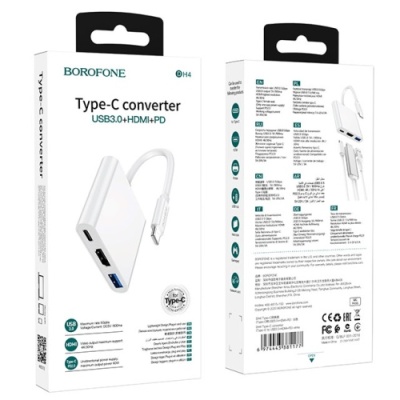 перехідник borofone dh4 type-c converter(type-c to usb3.0+hdmi+pd) (бiлий) 