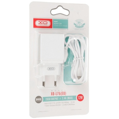 мережевий зарядний пристрій xo l75 2usb/2.4a + (usb - lightning) (бiлий) 