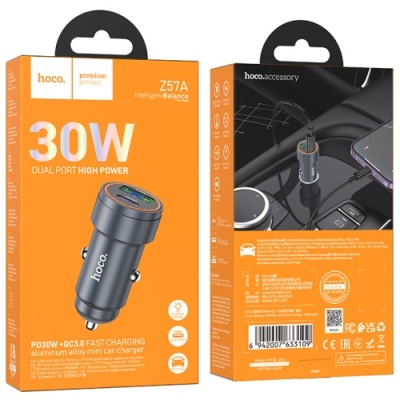 Автомобільний Зарядний Пристрій Hoco Z57A PD30W+QC3.0 (1USB/1Type-C) (сірий)