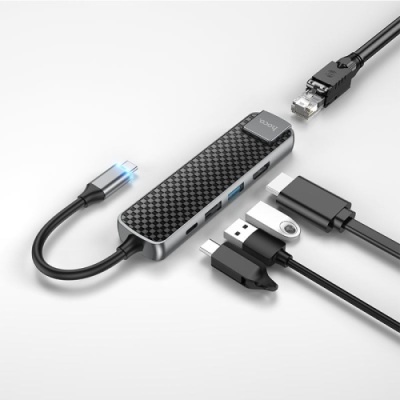 usb hub hoco hb23 type-c to (hdmi+usb3.0+usb2.0+rj45+pd) (сiрий) 