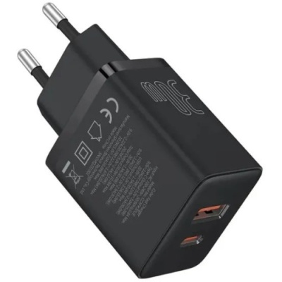 мережевий зарядний пристрій baseus cube fast charger (p10111404113-00) 1usb/18w/qc3.0 + 1type-c/30w/pd (чорний) 