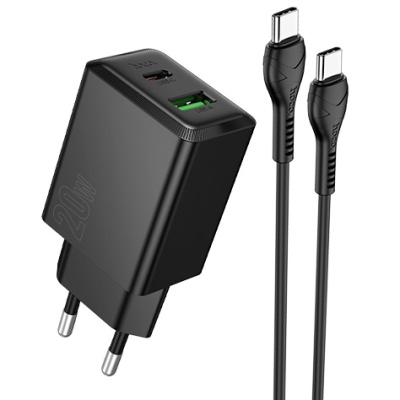 мережевий зарядний пристрій hoco n69 1usb/18w/qc3.0 + 1type-c/20w/pd + (type-c - type-c) (чорний) 