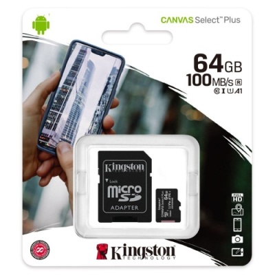 карта пам'яті microsdxc (uhs-1) kingston canvas select plus 64gb class 10 а1 (r-100mb/s) (adapter sd) 