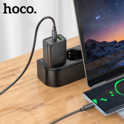 мережевий зарядний пристрій hoco n61 1usb/18w/qc3.0 + 1type-c/20w/pd + (type-c - type-c) (чорний) 