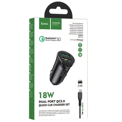 Автомобільний Зарядний Пристрій Hoco Z39 Farsighted 2USB/18W/QC3.0 + (USB - MicroUSB) (Чорний)