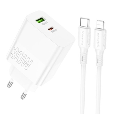 мережевий зарядний пристрій borofone ba75a powerfull 1usb/18w/qc3.0 + 1type-c/30w/pd + (type-c - lightning) (бiлий) 