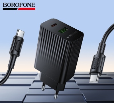 мережевий зарядний пристрій borofone bas76a 1usb/18w/qc3.0 + 1type-c/30w/pd + (type-c - type-c) (чорний) 