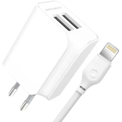 мережевий зарядний пристрій xo l35d 2usb/2.1a + (usb - lightning) (бiлий) 