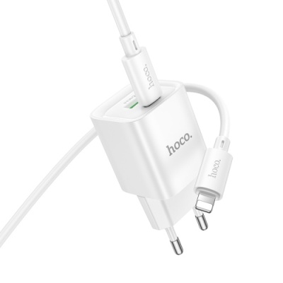 мережевий зарядний пристрій hoco c147a 1usb/18w/qc3.0 + 1type-c/20w/pd + (type-c - lightning) (білий) 