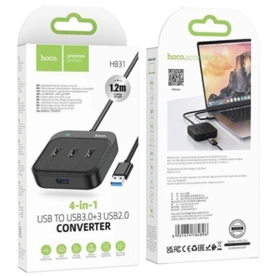 usb hub hoco hb31 easy 4-in-1 converter (usb to usb3.0+usb2.0*3) 1,2m. black 
