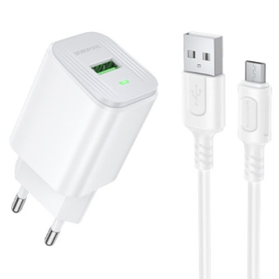 мережевий зарядний пристрій borofone bas82a qc3.0 (1usb/3a) + usb - microusb (білий) 
