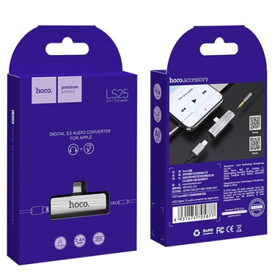перехідник hoco ls25 lightning - aux (3.5mm) + lightning charge (сталевий) 