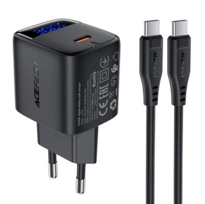 мережевий зарядний пристрій acefast a115 pd30w (1type-c) + type-c - type-c (1,2м) (чорний) 