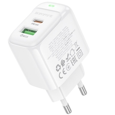 мережевий зарядний пристрій borofone bas45a 1usb/18w/qc3.0 + 1type-c/30w/pd (білий) 