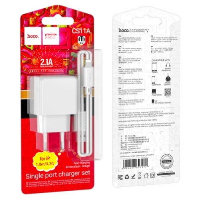 мережевий зарядний пристрій hoco cs11a 1usb/2.1a + (usb - lightning) (білий) 