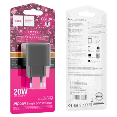 мережевий зарядний пристрій hoco cs13a 1type-c/20w/pd (чорний) 