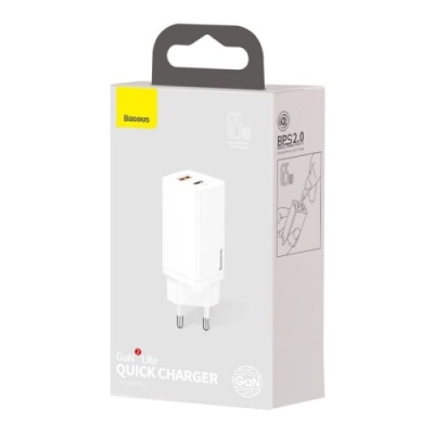мережевий зарядний пристрій baseus gan2 lite (ccgan2l-b02) 1usb/45w/qc4.0 + 1type-c/65w/pd (white) 