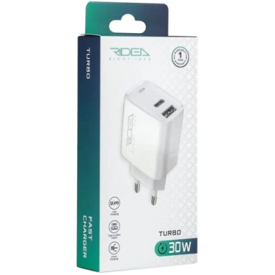 мережевий зарядний пристрій ridea rw-30120 turbo 1usb/1usb-c qc/pd 30w (бiлий) 