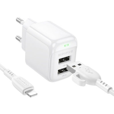 мережевий зарядний пристрій borofone bas41a 2usb/12w/2.4a + (usb - lightning) (білий) 